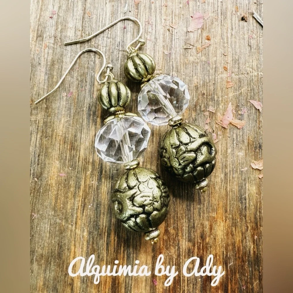 Statement antique gold color quartz Victorian earrings